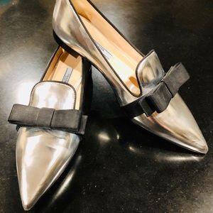 Prada Metallic and Black Ribbon Detail Flats